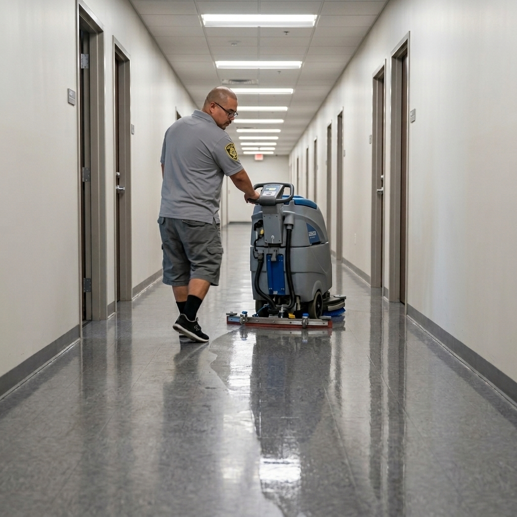 Busy B technician operating an auto-scrubber on polished commercial hallway floor