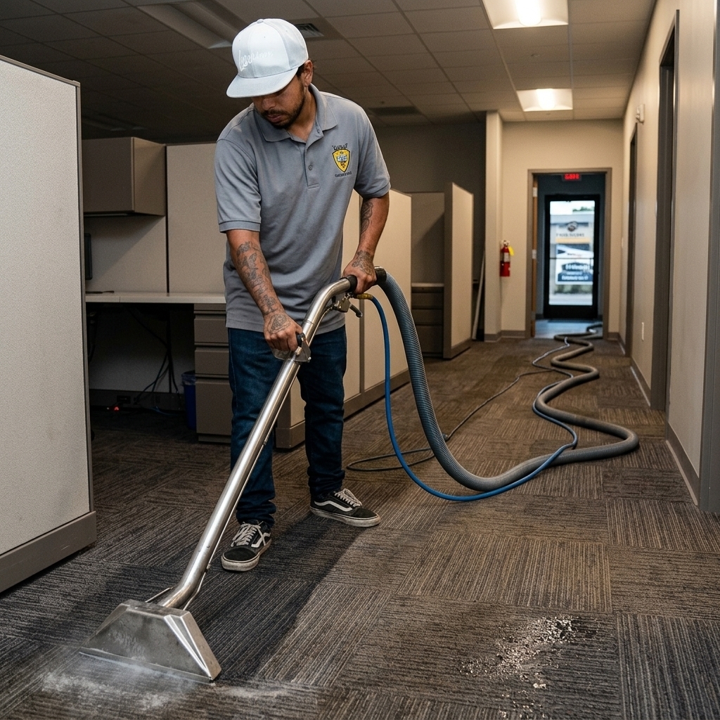 Busy B technician performing hot water carpet extraction in a commercial office with cubicles