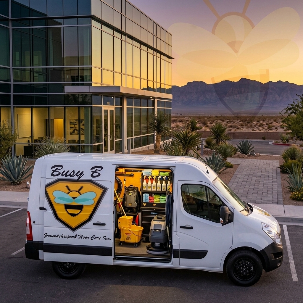 Busy B branded van with cleaning equipment parked outside a Las Vegas commercial building at sunset