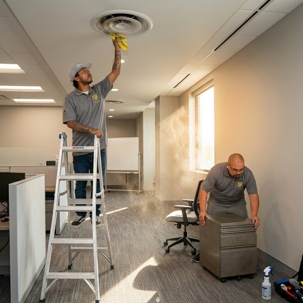 Two Busy B crew members performing a deep clean in a commercial office, one on ladder cleaning ceiling vent, another moving furniture