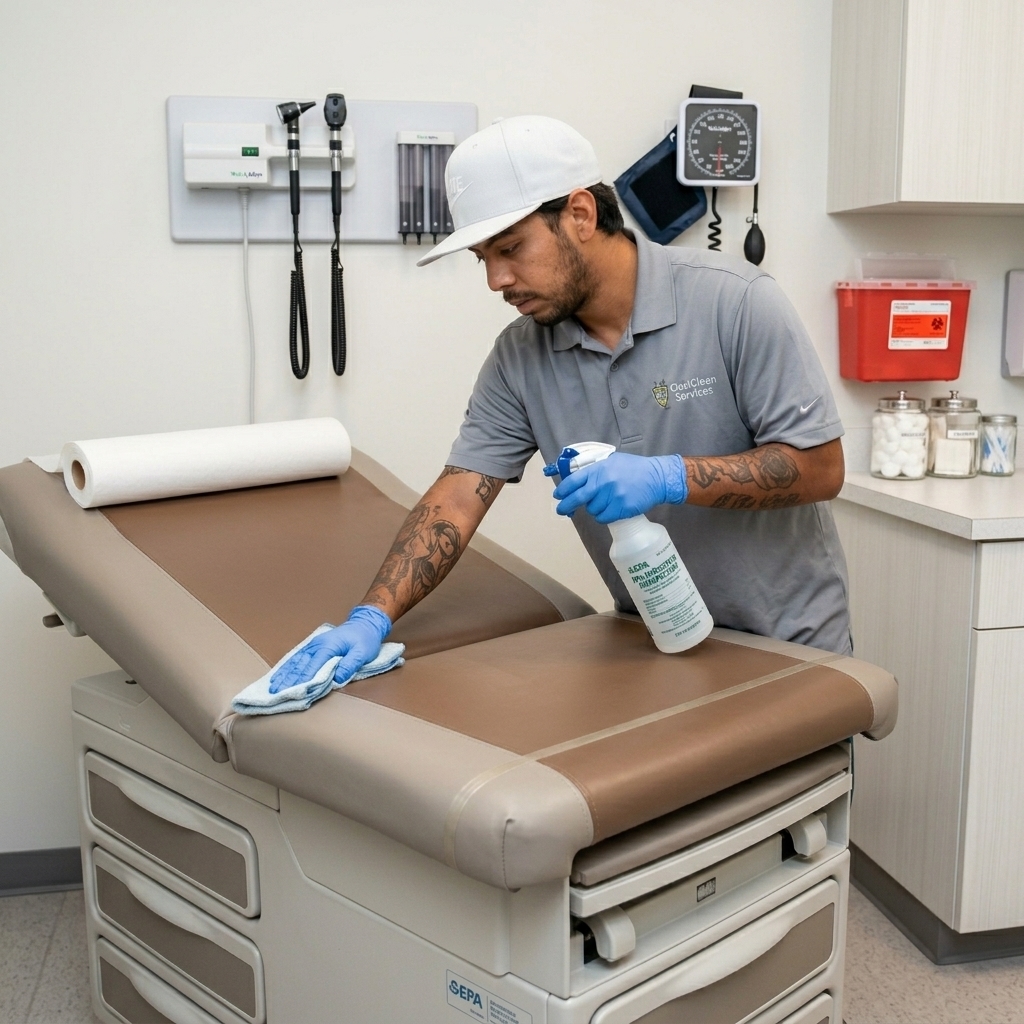 Busy B technician wearing nitrile gloves disinfecting a medical exam table with EPA-registered disinfectant