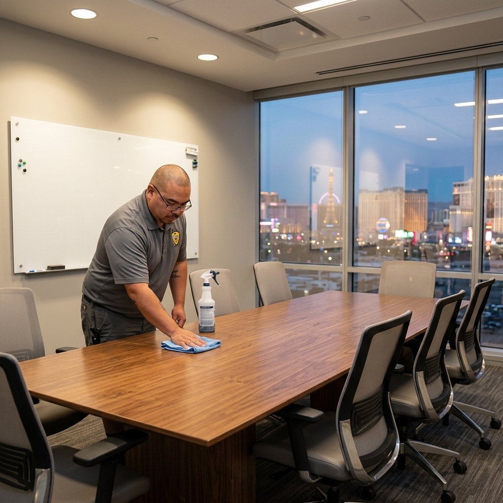 Busy B technician cleaning a conference room table with Las Vegas Strip visible through the windows