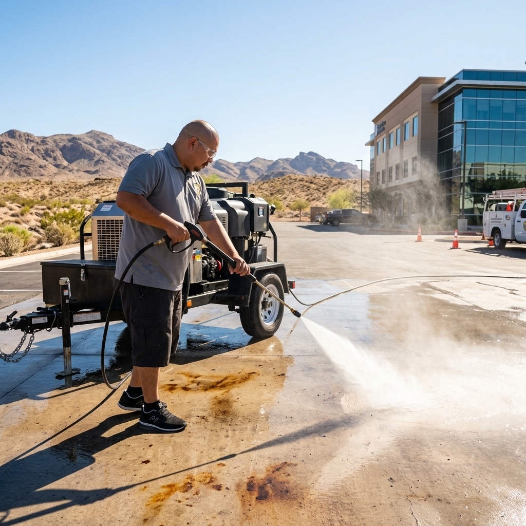 Busy B technician pressure washing oil stains from a commercial parking lot with desert mountains in background