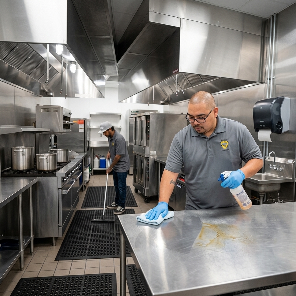 Two Busy B crew members deep cleaning a commercial restaurant kitchen, degreasing stainless steel surfaces