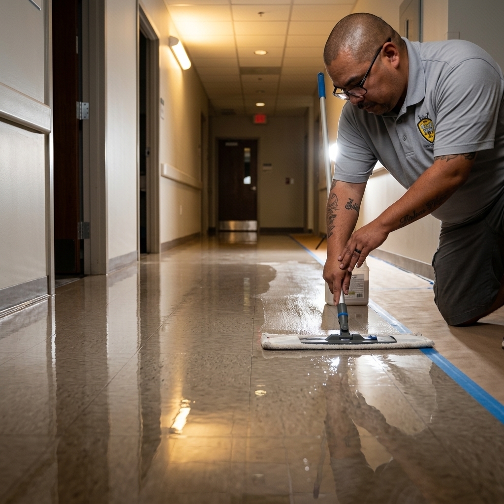 Busy B technician crouching to apply high-gloss floor finish to VCT tile in a commercial hallway