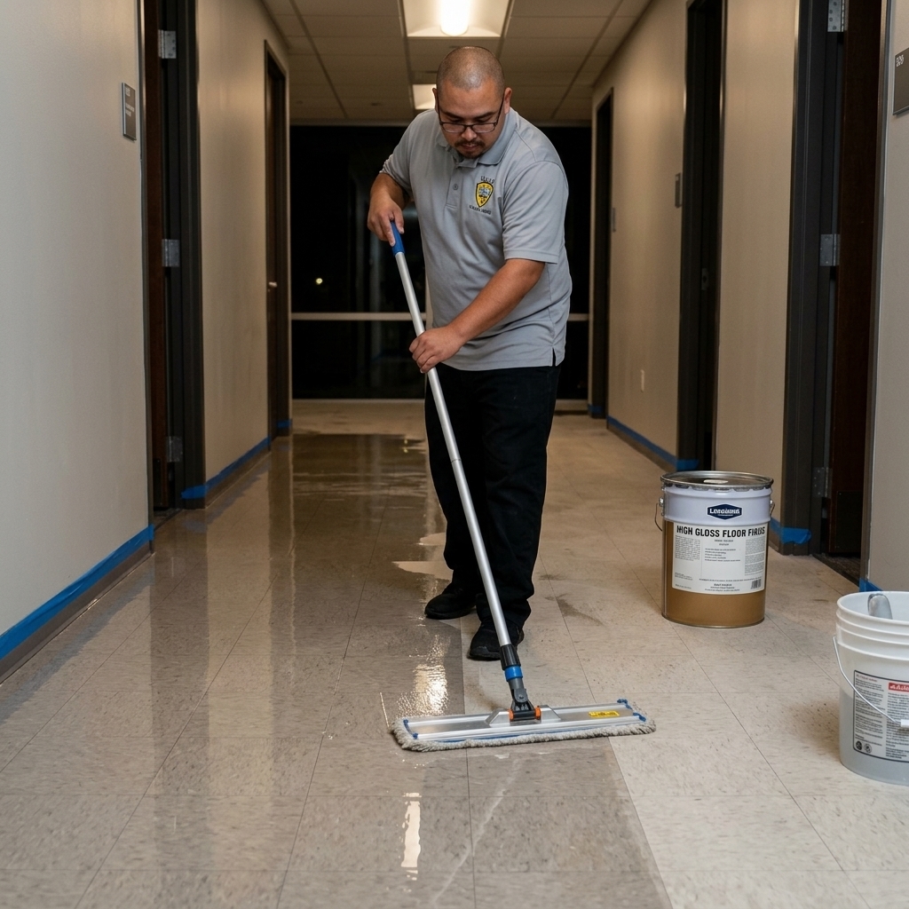 Busy B technician applying floor finish in a commercial hallway with blue tape along baseboards