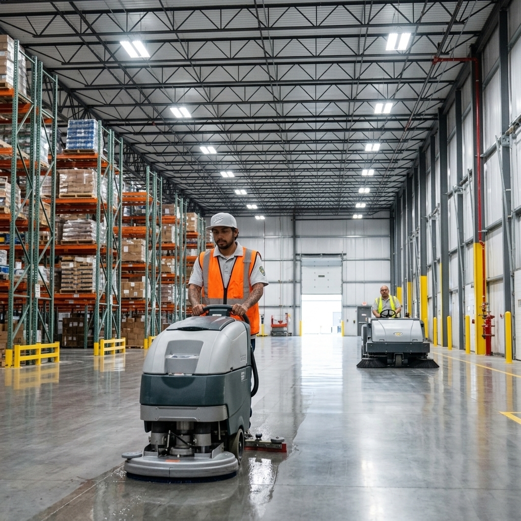 Two Busy B technicians operating industrial floor scrubbers in a large warehouse facility